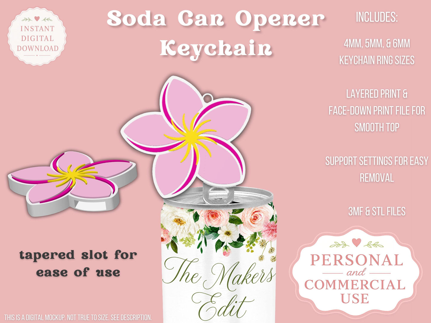 Soda Can Tab Opener Keychain 3D Printer File | Plumeria | STL 3MF | Commercial Use | Nail Saver Keychain