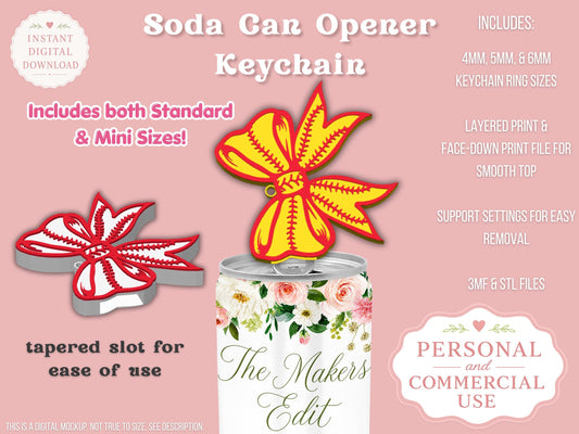 Soda Can Tab Opener Keychain 3D Printer File | Baseball Softball Bow | STL 3MF | Commercial Use | Nail Saver Keychain