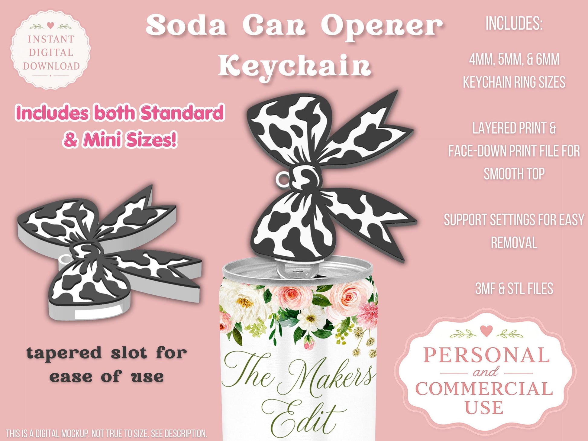 Soda Can Tab Opener Keychain 3D Printer File | Cow Print Coquette Bow | STL 3MF | Commercial Use | Nail Saver Keychain