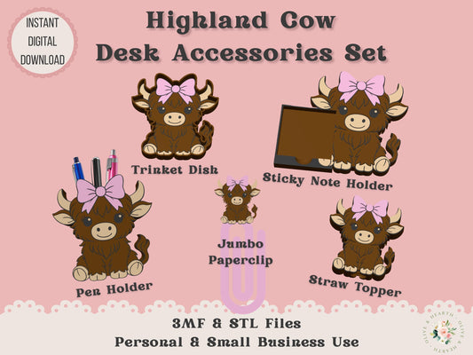 Highland Cow Desk Accessories Bundle 3D Printer File | STL 3MF | Commercial Use | Multi-Color 3MF | STL File
