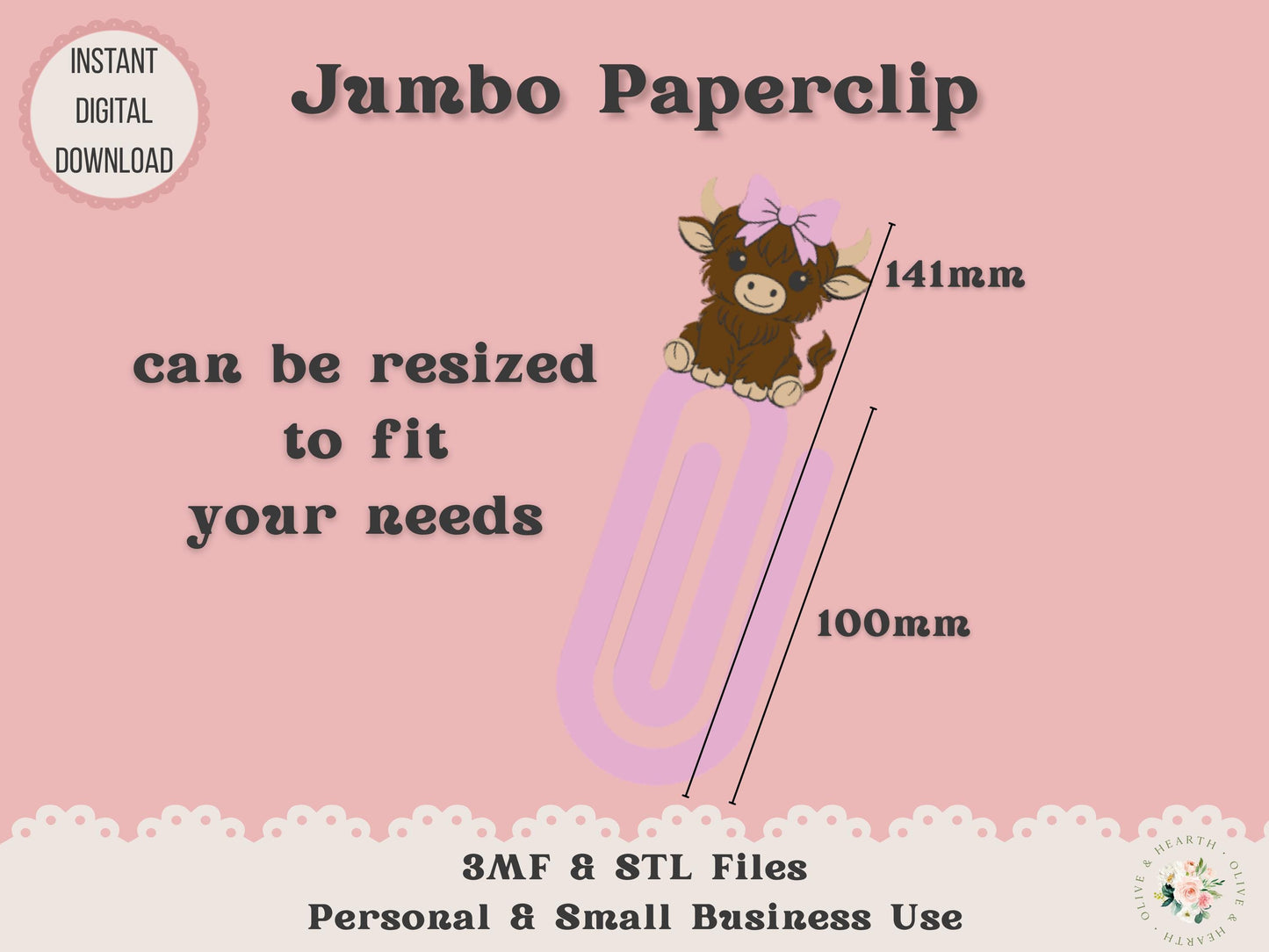 Jumbo Paper Clip 3D Printer File | Highland Cow with Bow | STL 3MF | Commercial Use | Multi-Color 3MF | STL File