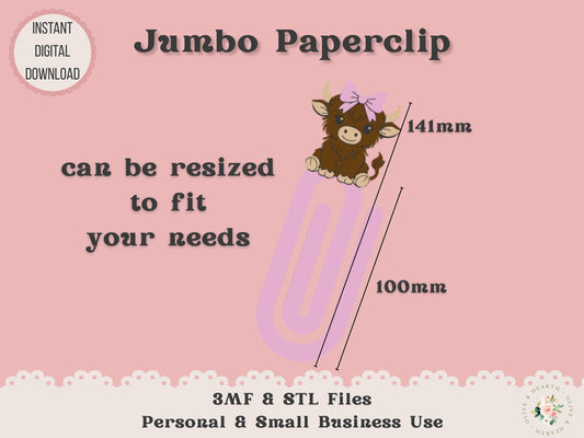 Jumbo Paper Clip 3D Printer File | Highland Cow with Bow | STL 3MF | Commercial Use | Multi-Color 3MF | STL File