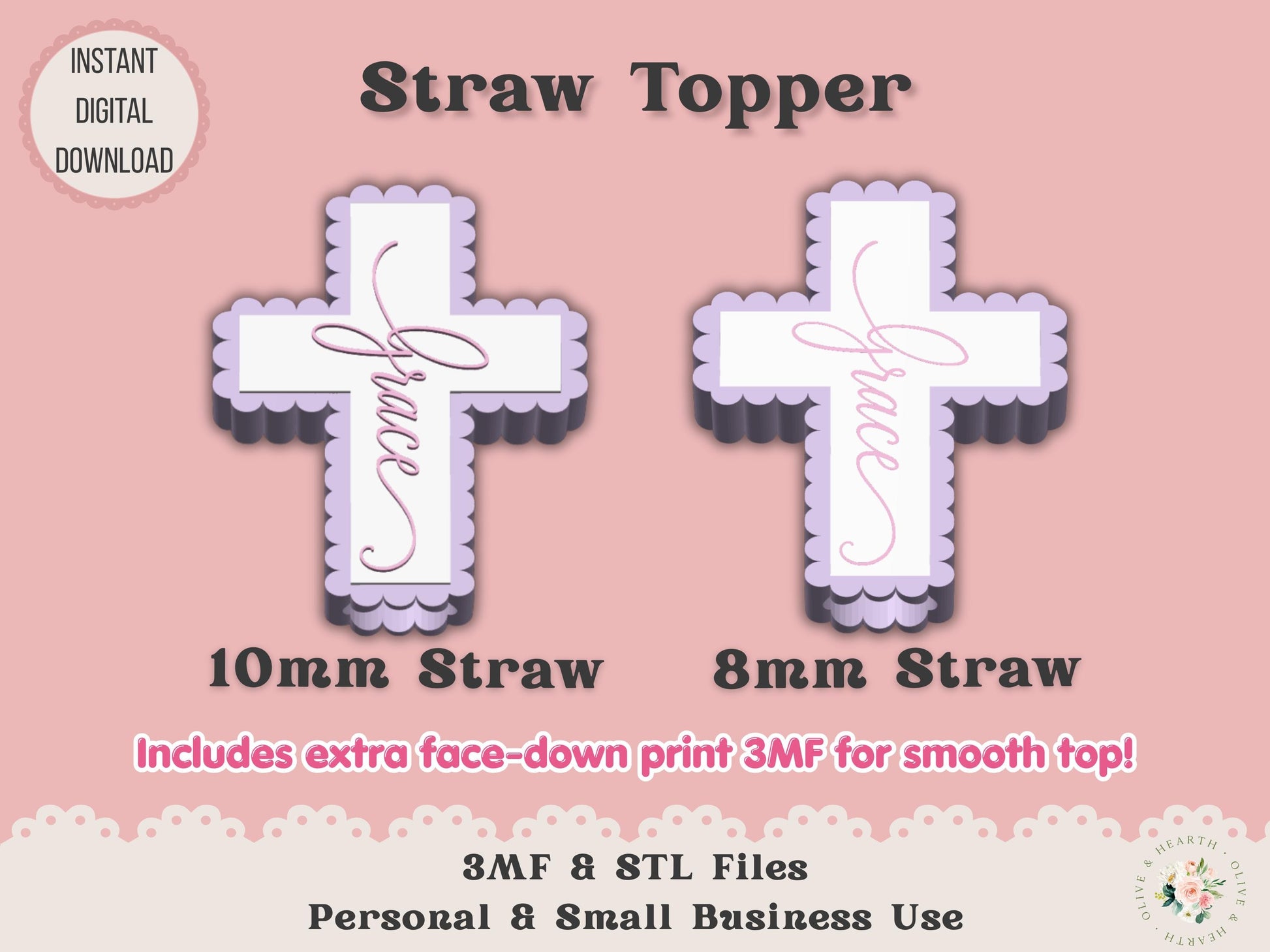 Straw Topper 3D Printer File | Scalloped Cross Grace STL 3MF | Fits 10mm & 8mm Straws | Commercial Use | Tumbler Accessories