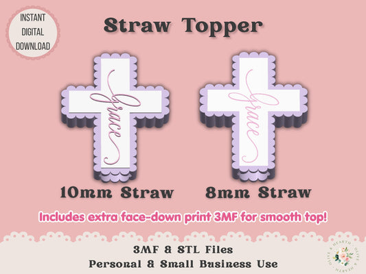 Straw Topper 3D Printer File | Scalloped Cross Grace STL 3MF | Fits 10mm & 8mm Straws | Commercial Use | Tumbler Accessories