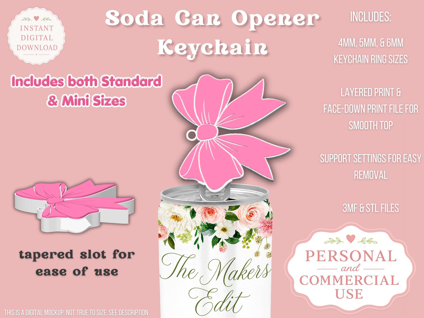 Soda Can Tab Opener Keychain 3D Printer File | Coquette Bow | STL 3MF | Commercial Use | Nail Saver Keychain