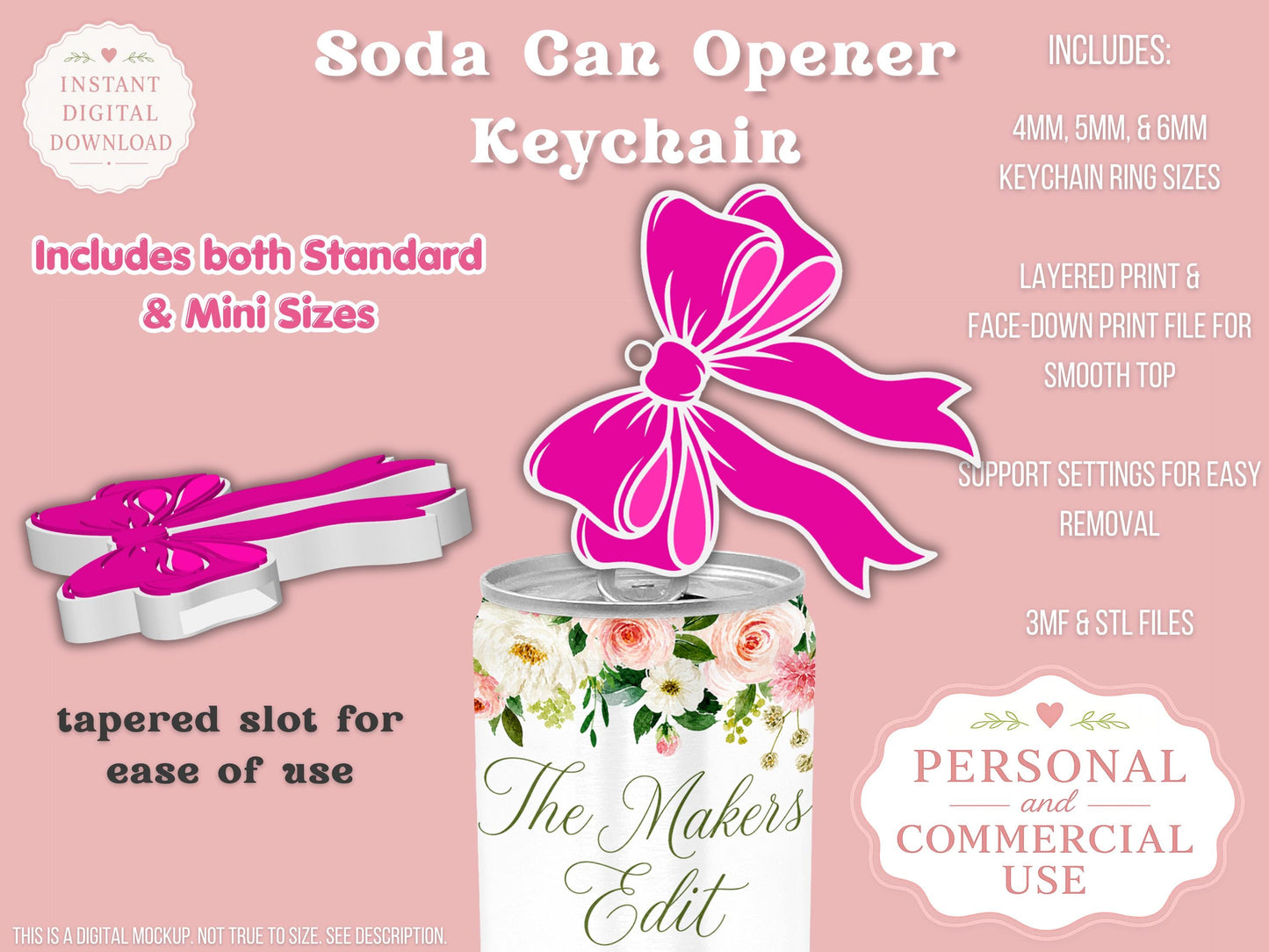 Soda Can Tab Opener Keychain 3D Printer File | Double Loop Coquette Bow | STL 3MF | Commercial Use | Nail Saver Keychain