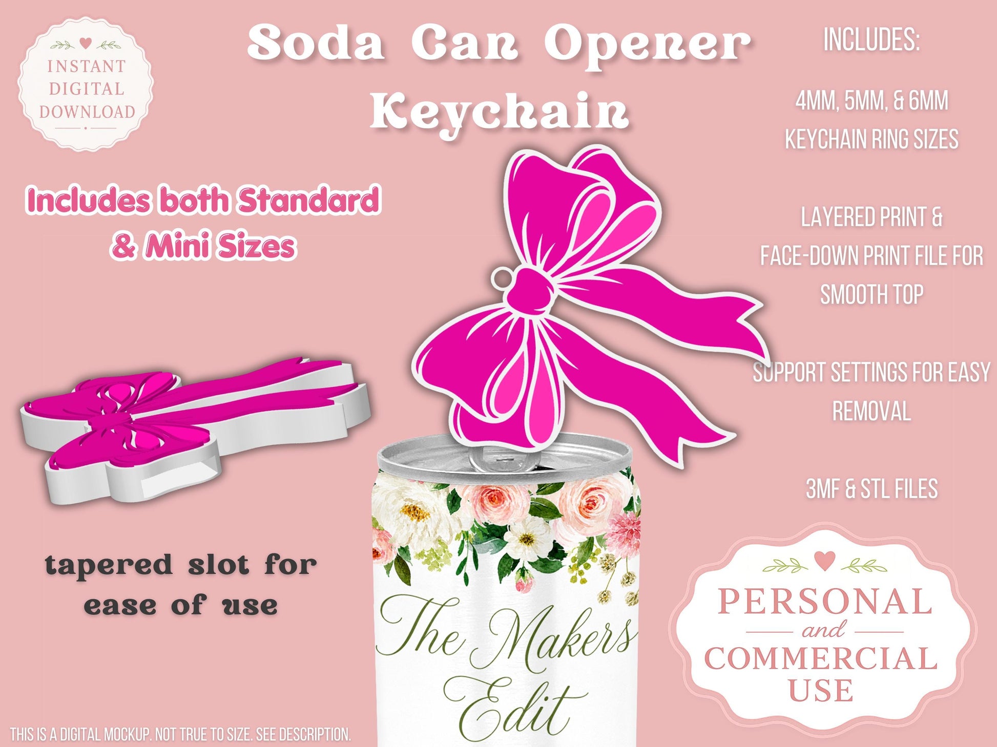Soda Can Tab Opener Keychain 3D Printer File | Double Loop Coquette Bow | STL 3MF | Commercial Use | Nail Saver Keychain