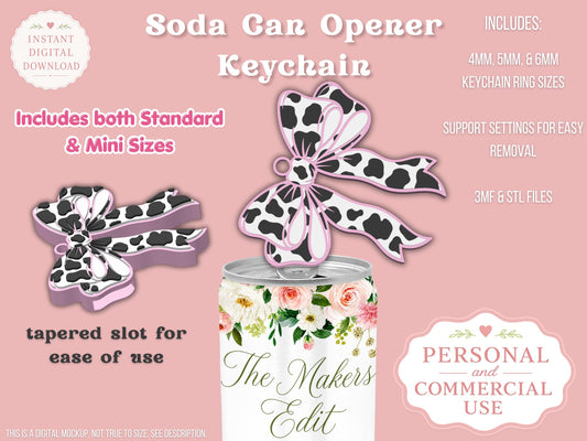 Soda Can Tab Opener Keychain 3D Printer File | Cow Print Coquette Bow | STL 3MF | Commercial Use | Nail Saver Keychain