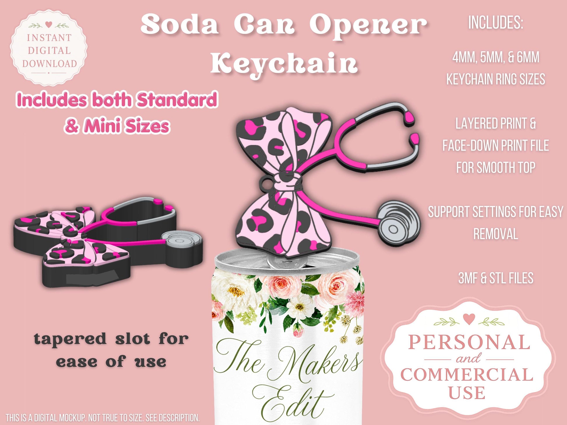 Soda Can Tab Opener Keychain 3D Printer File | Stethoscope Bow | Nurse Appreciation | STL 3MF | Commercial Use | Nail Saver Keychain