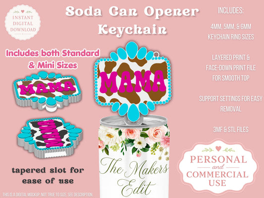 Soda Can Tab Opener Keychain 3D Printer File | Turquoise Gemstone Cow Print Mama | STL 3MF | Commercial Use | Nail Saver Keychain