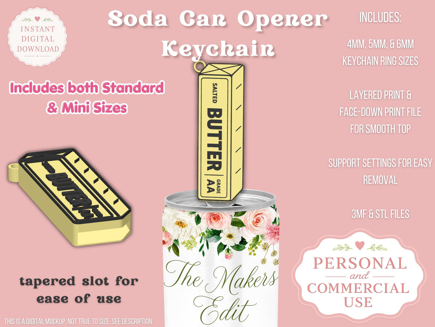 Soda Can Tab Opener Keychain 3D Printer File | Butter Stick | STL 3MF | Commercial Use | Nail Saver Keychain