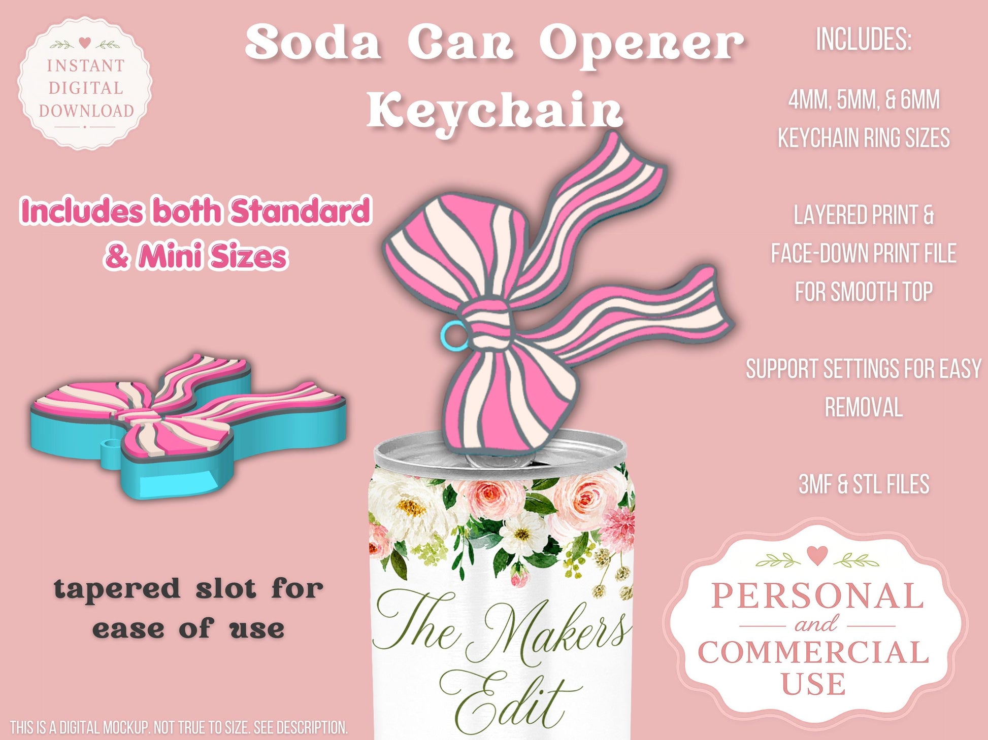 Soda Can Tab Opener Keychain 3D Printer File |Striped Coquette Bow | STL 3MF | Commercial Use | Nail Saver Keychain
