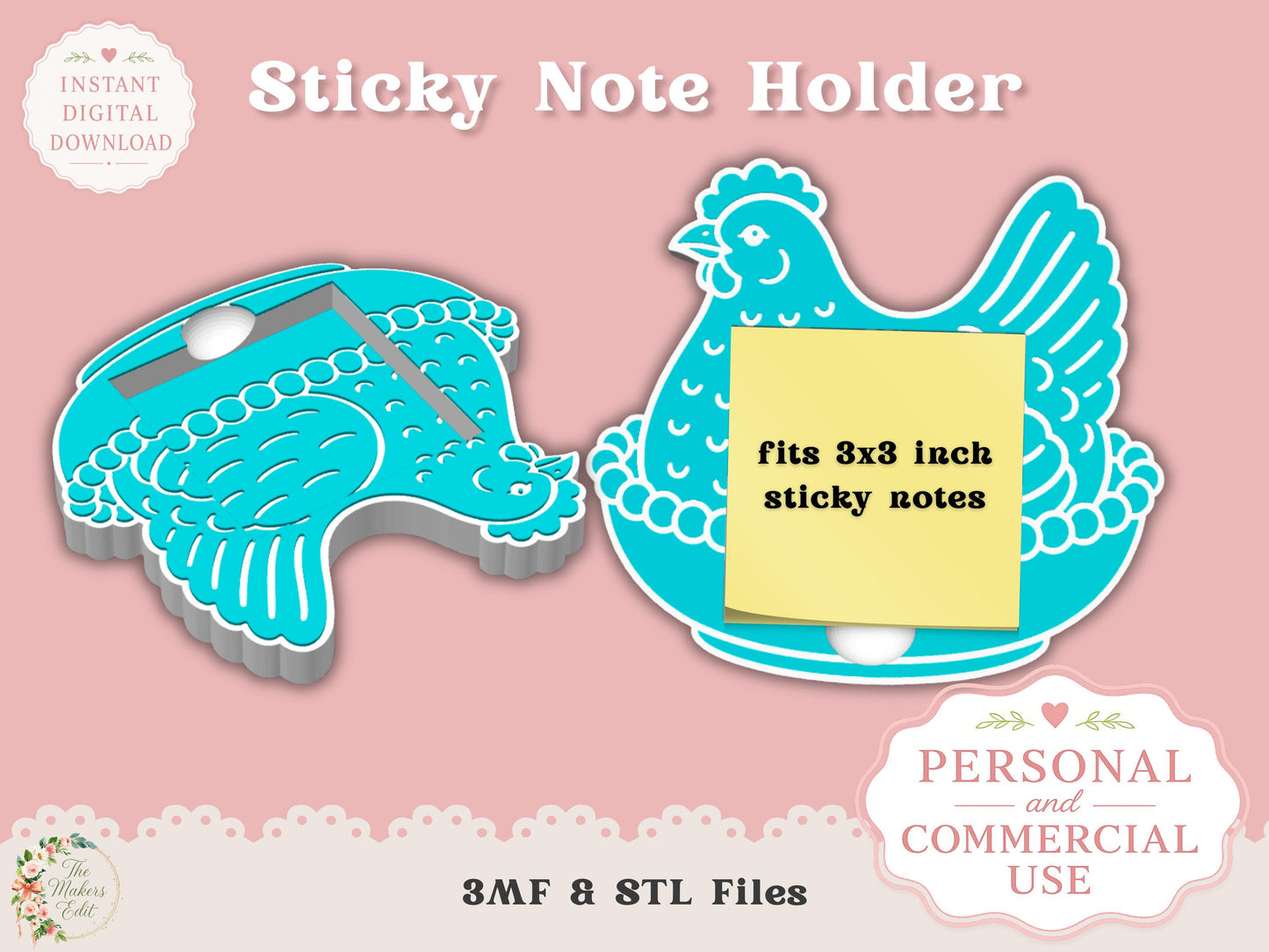 Sticky Note Holder 3D Printer File | Hen on Nest | STL 3MF | Commercial Use | Desk Organizer