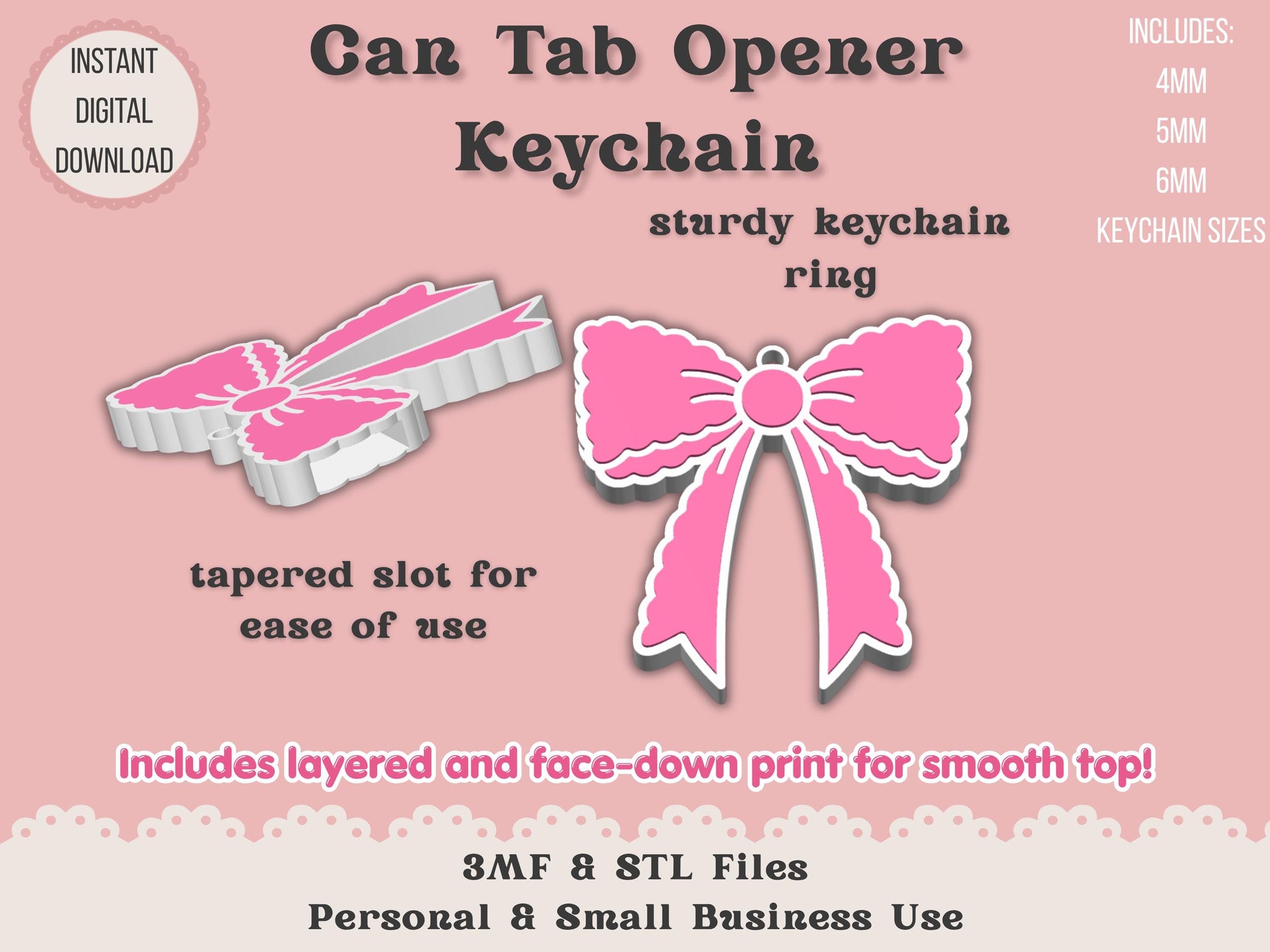 Soda Can Tab Opener Keychain 3D Printer File | Scalloped Bow | STL 3MF | Commercial Use | Nail Saver Keychain