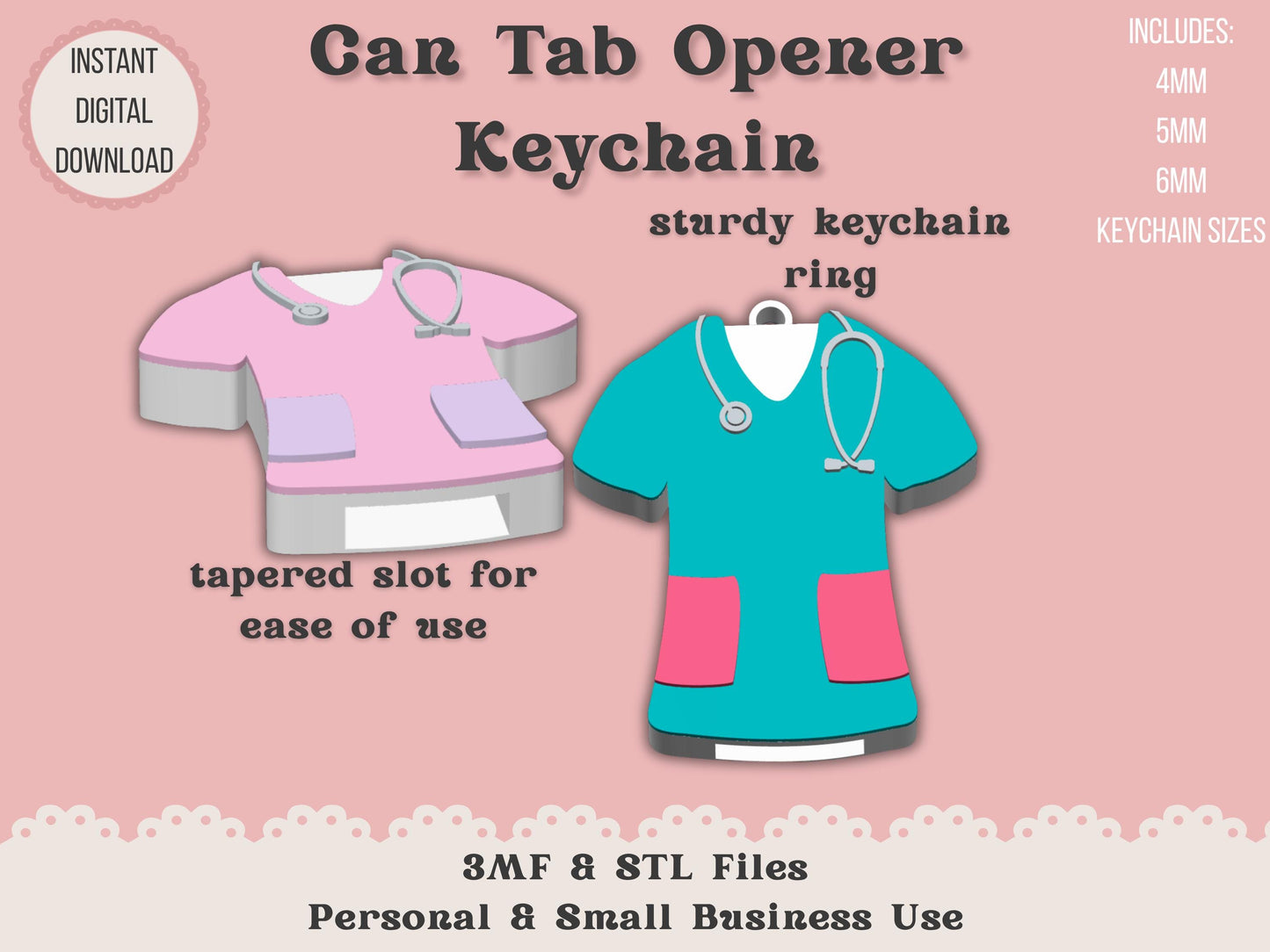 Soda Can Tab Opener Keychain 3D Printer File | Nurse Scrubs | STL 3MF | Commercial Use | Nail Saver Keychain