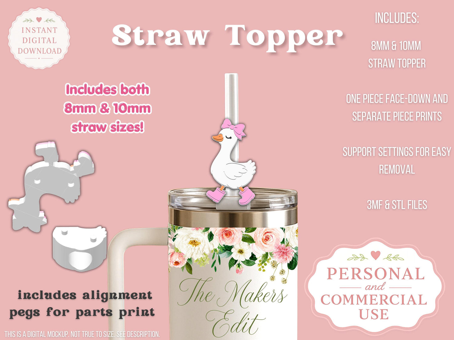 Straw Topper 3D Printer File | Cute Goose Coquette Bow STL 3MF | Fits 10mm & 8mm Straws | STL 3MF | Commercial Use | Tumbler Accessory