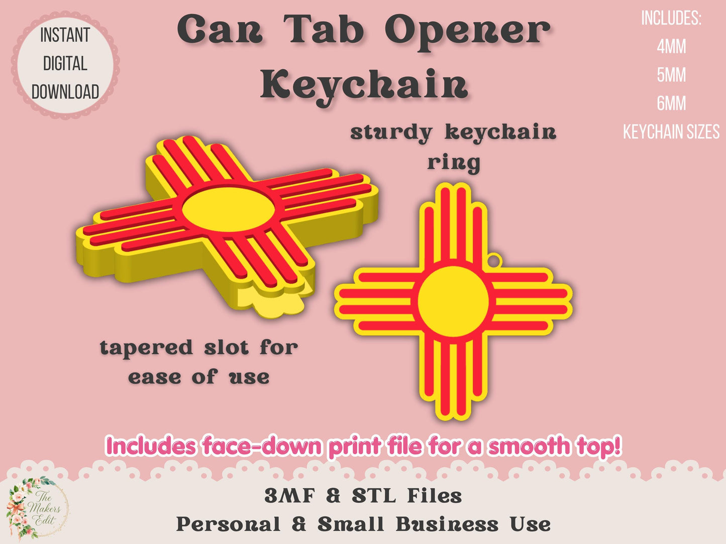 Soda Can Tab Opener Keychain 3D Printer File | New Mexico Zia | STL 3MF | Commercial Use | Nail Saver Keychain