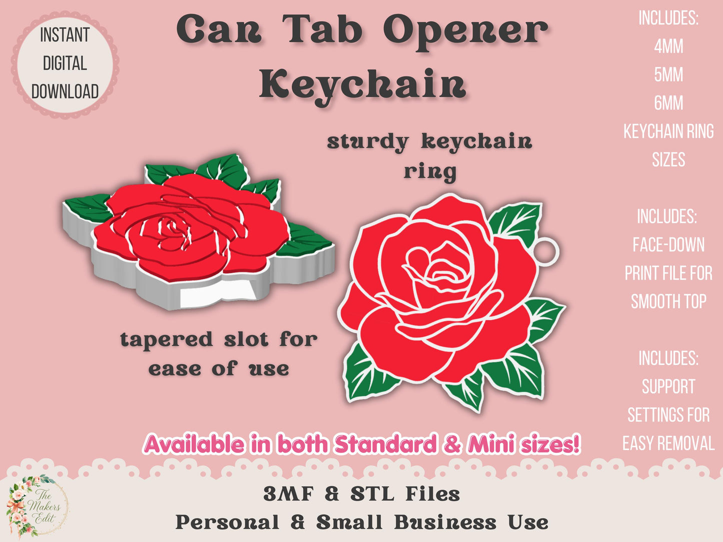 Soda Can Tab Opener Keychain 3D Printer File | Rose | STL 3MF | Commercial Use | Nail Saver Keychain