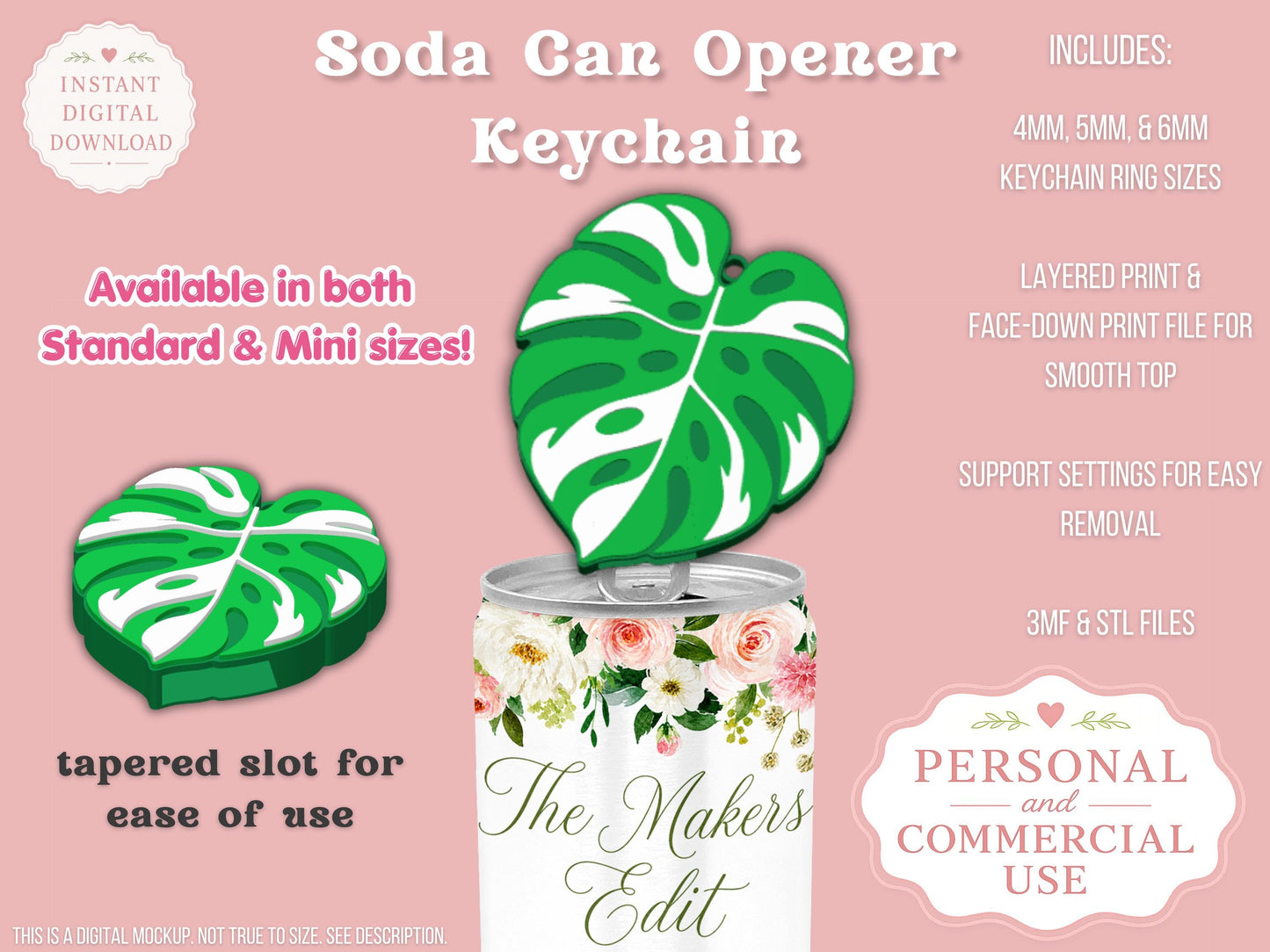 Soda Can Tab Opener Keychain 3D Printer File | Variegated Monstera Leaf | STL 3MF | Commercial Use | Nail Saver Keychain