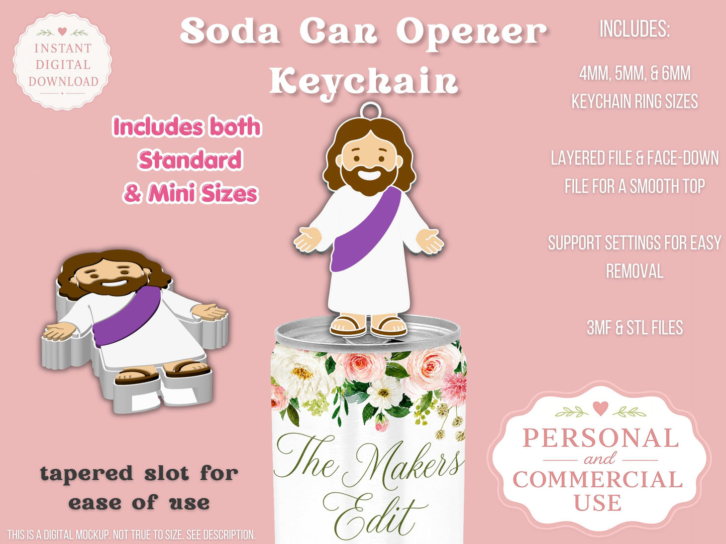 Soda Can Tab Opener Keychain 3D Printer File | Mini Jesus | STL 3MF | Commercial Use | Nail Saver Keychain