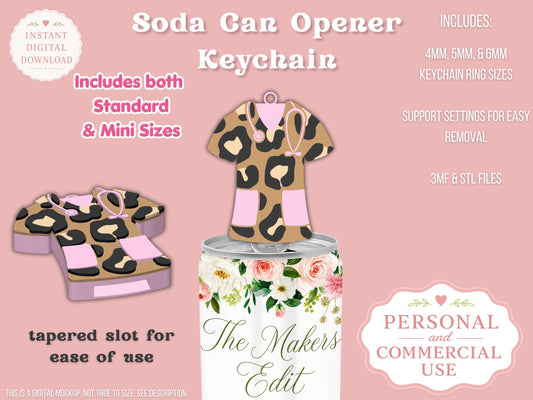Soda Can Tab Opener Keychain 3D Printer File | Leopard Print Scrubs | Nurse Medical | STL 3MF | Commercial Use | Nail Saver Keychain