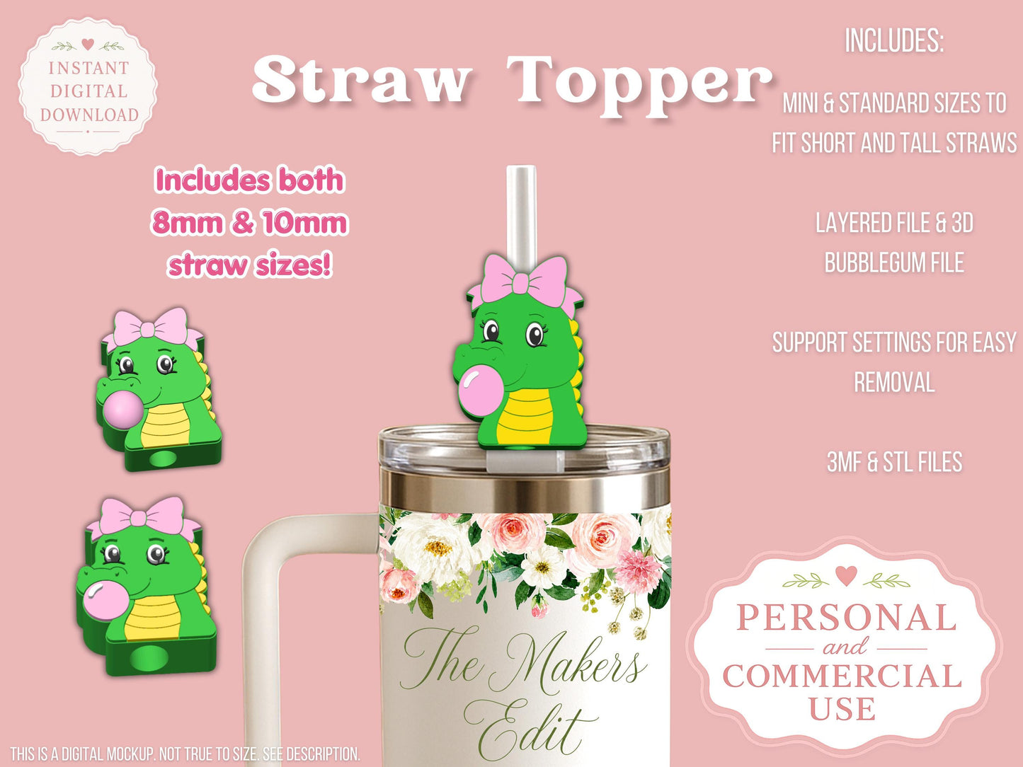 Straw Topper 3D Printer File | Alligator Bubblegum STL 3MF | Fits 10mm & 8mm Straws| Commercial Use | Tumbler Accessories