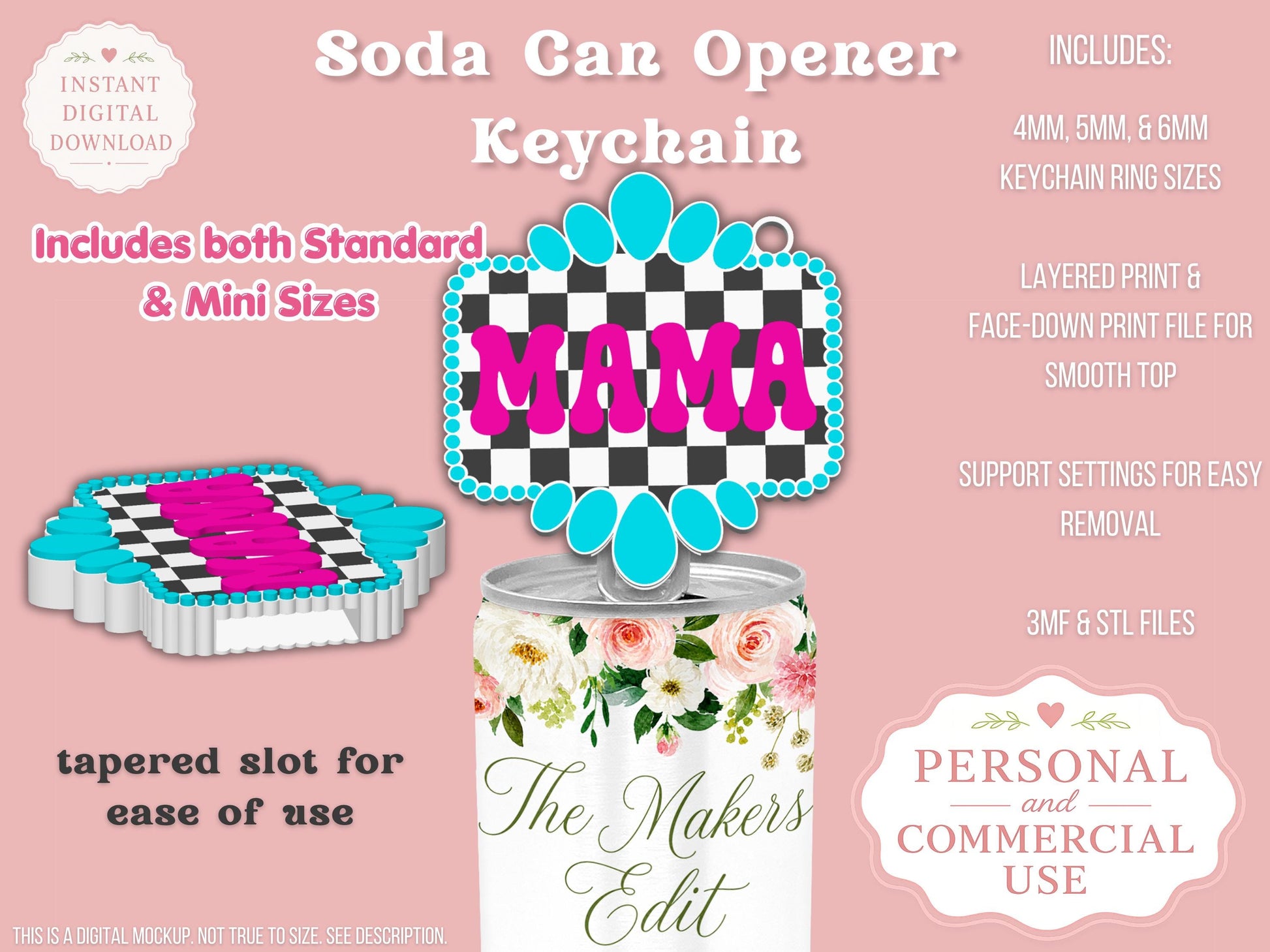 Soda Can Tab Opener Keychain 3D Printer File | Mama Turquoise Gemstone Checkered | STL 3MF | Commercial Use | Nail Saver Keychain