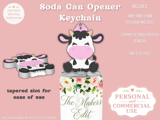 Soda Can Tab Opener Keychain 3D Printer File | Cute Cow with Bow | STL 3MF | Commercial Use | Nail Saver Keychain