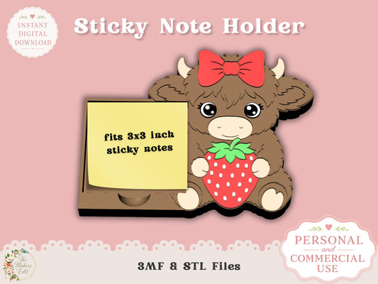 Sticky Note Holder 3D Printer File | Highland Cow with Strawberry & Bow | STL 3MF | Commercial Use | Desk Organizer