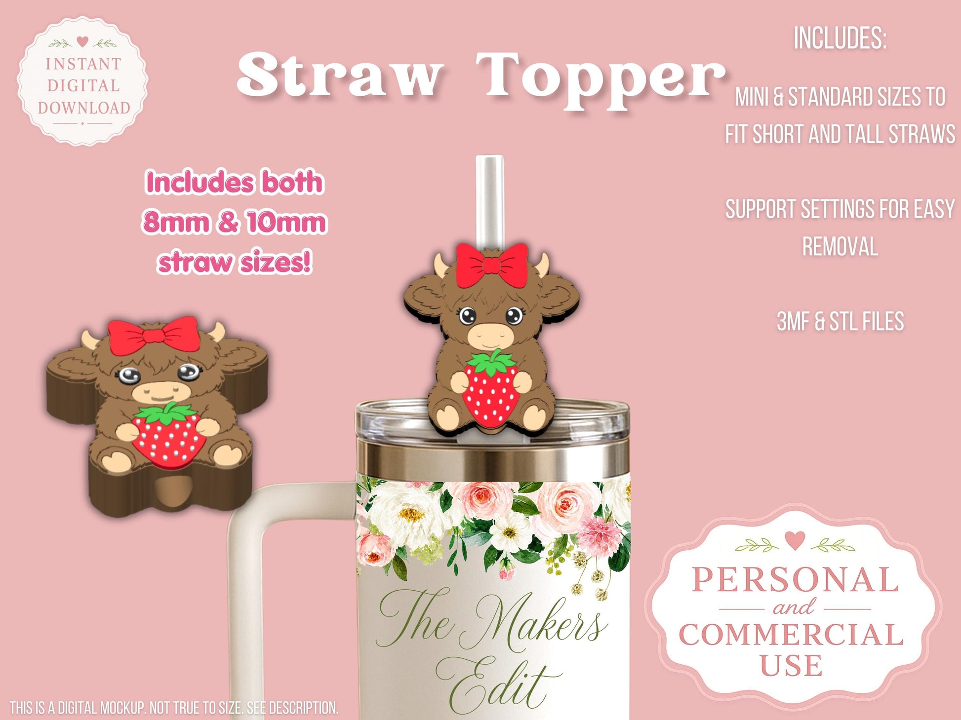 Straw Topper 3D Printer File | Highland Cow Strawberry Coquette Bow STL 3MF | Fits 10mm & 8mm Straws | Tumbler Accessories