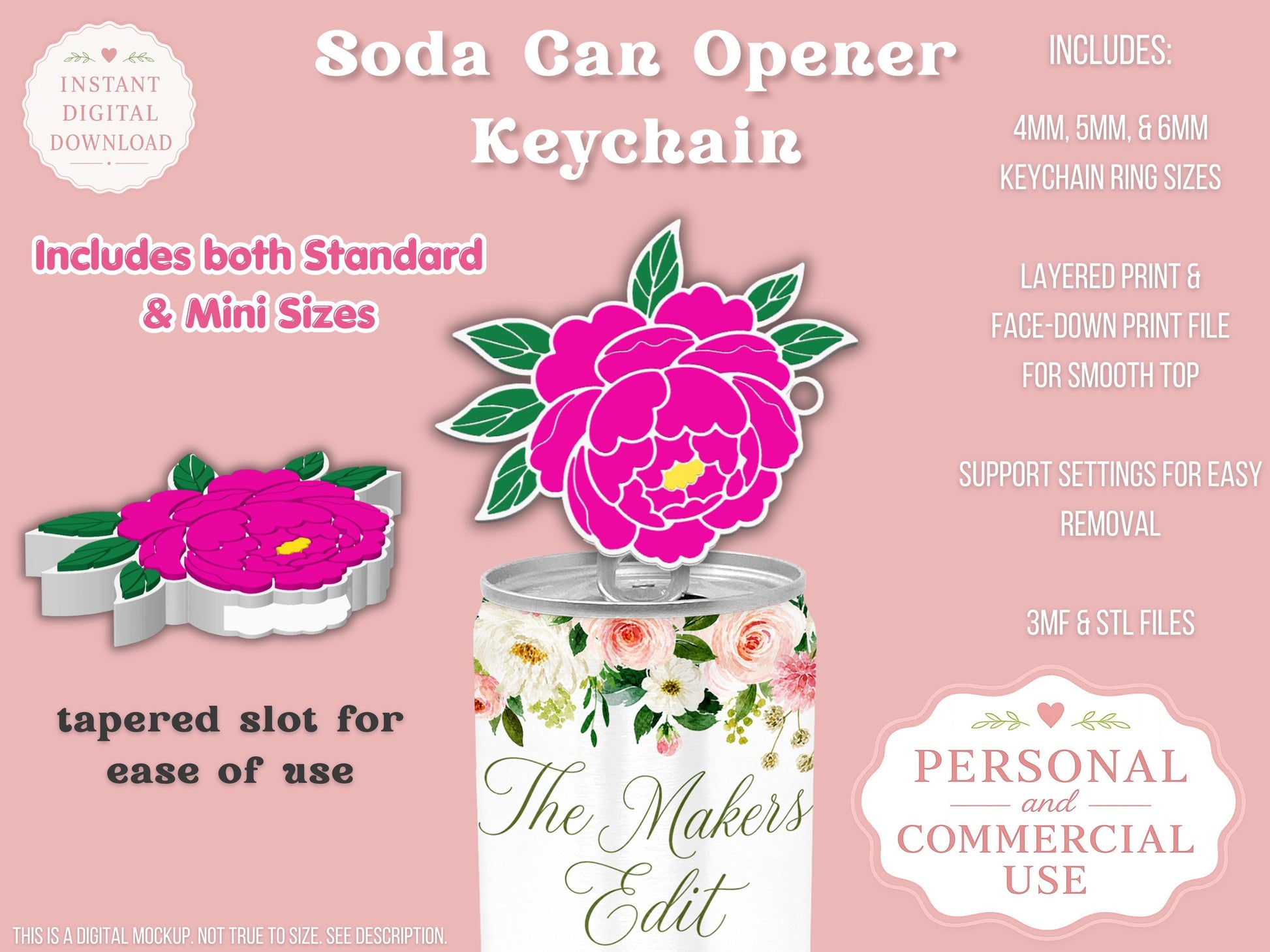Soda Can Tab Opener Keychain 3D Printer File | Peony | STL 3MF | Commercial Use | Nail Saver Keychain