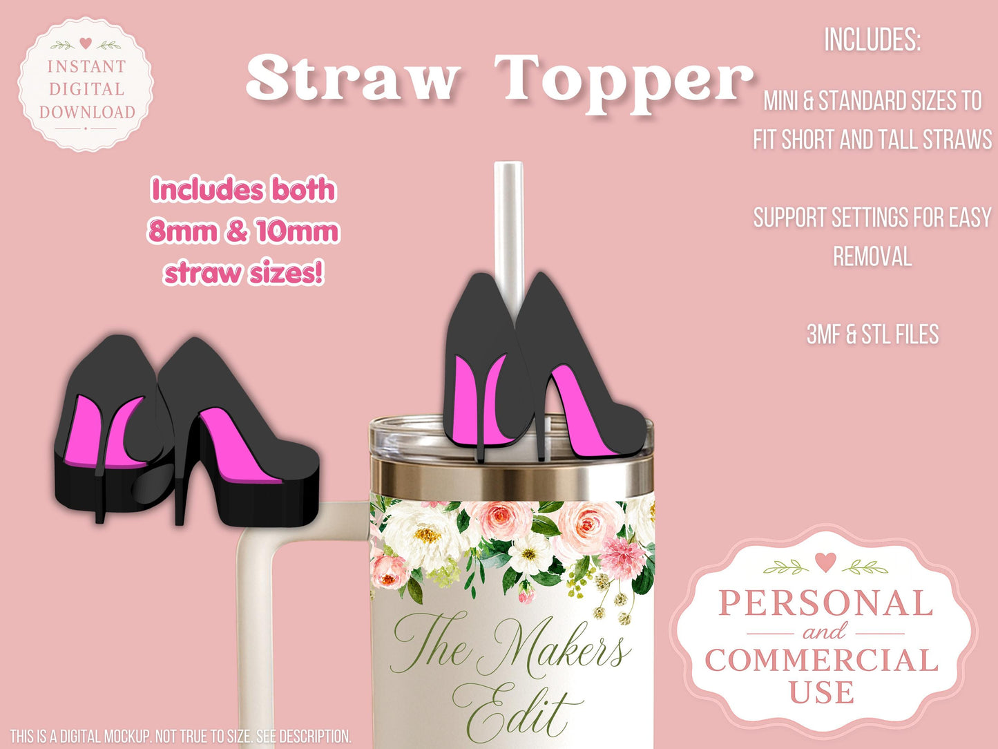 Straw Topper 3D Printer File | Colored Bottom Heels 3MF STL | Fits 10mm & 8mm Straws | Commercial Use | Tumbler Accessories