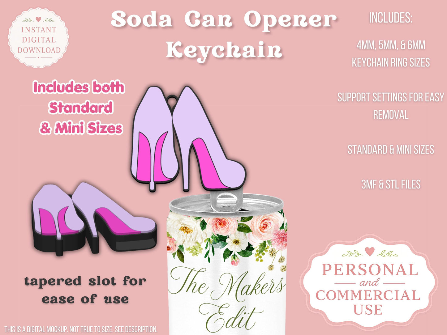 Soda Can Tab Opener Keychain 3D Printer File | Colored Bottom Heels STL 3MF | Commercial Use | Nail Saver Keychain