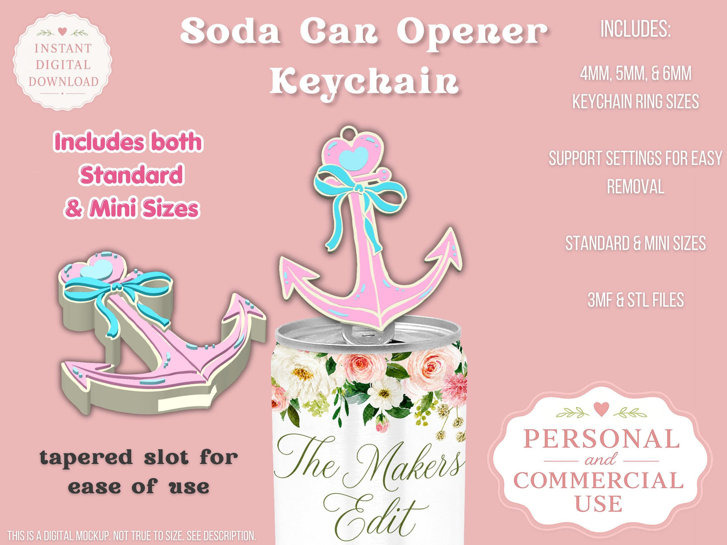 Soda Can Tab Opener Keychain 3D Printer File | Whimsical Anchor Coquette Bow STL 3MF | Commercial Use | Nail Saver Keychain