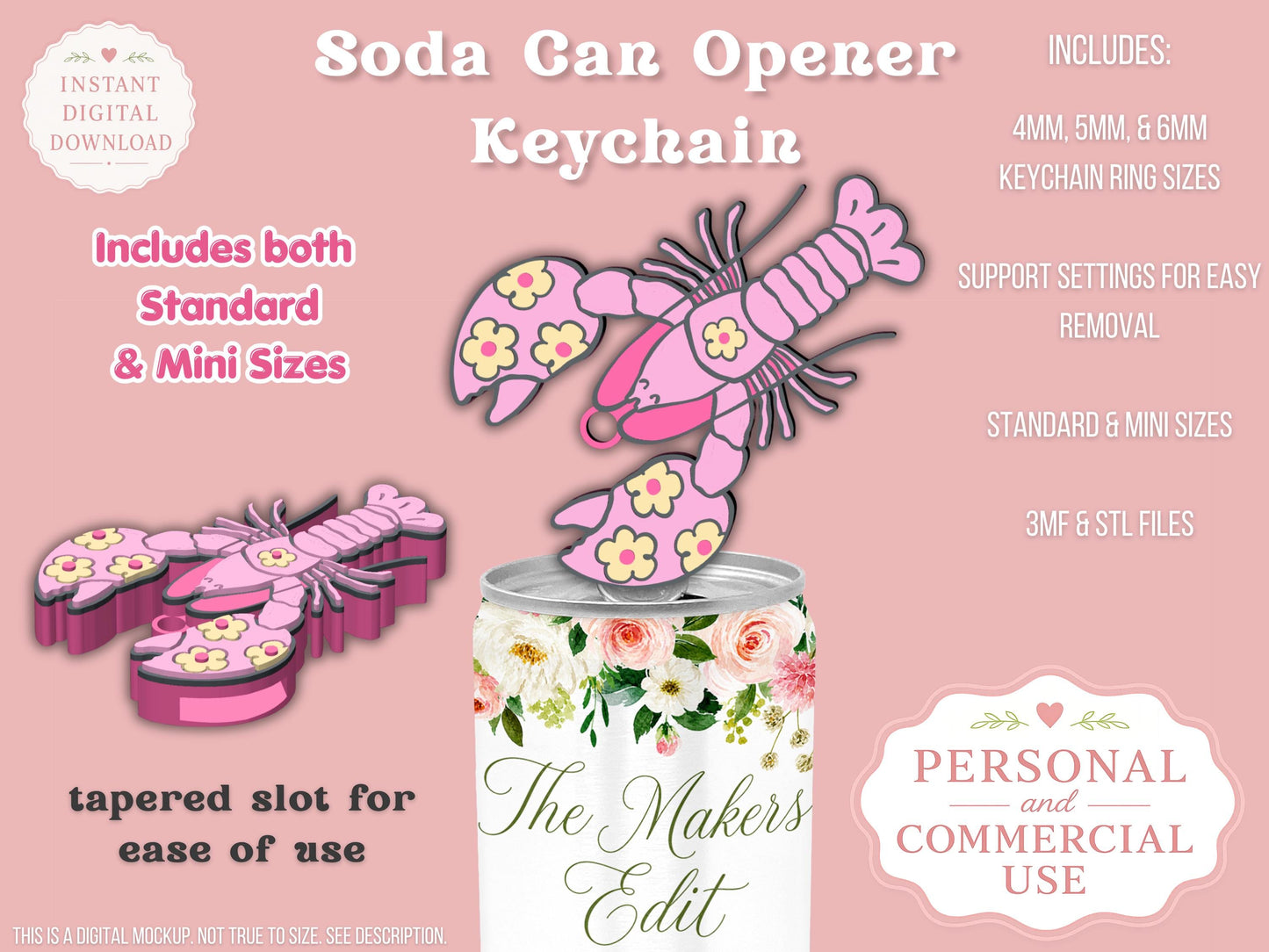 Soda Can Tab Opener Keychain 3D Printer File | Groovy Lobster STL 3MF | Commercial Use | Nail Saver Keychain