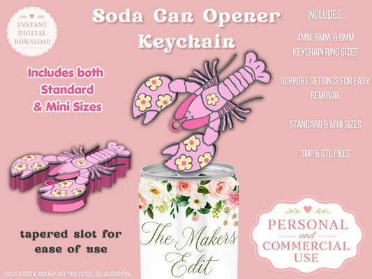 Soda Can Tab Opener Keychain 3D Printer File | Groovy Lobster STL 3MF | Commercial Use | Nail Saver Keychain