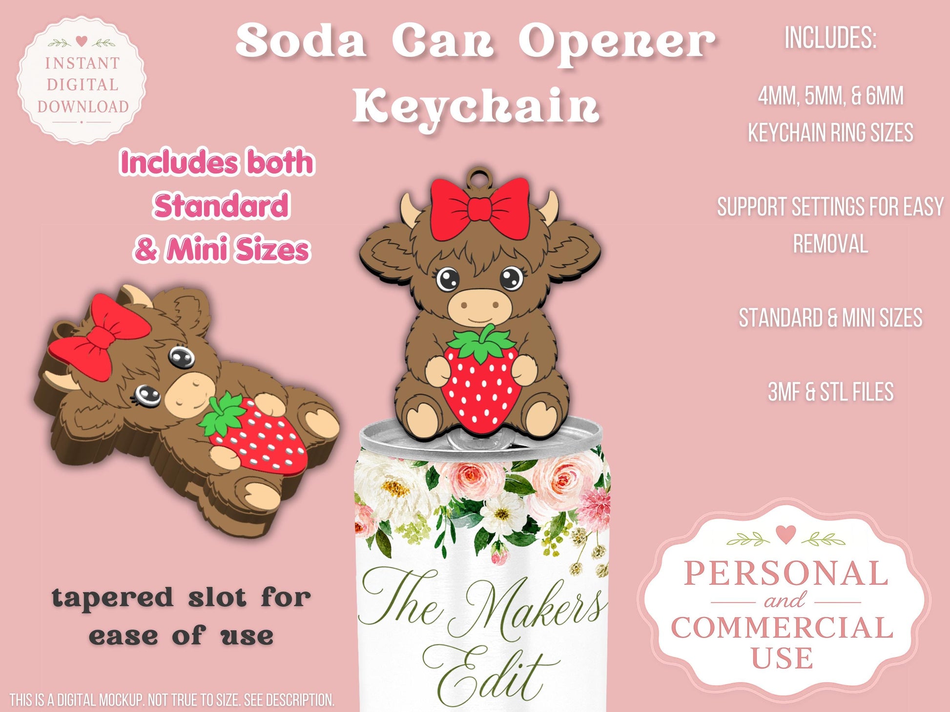 Soda Can Tab Opener Keychain 3D Printer File | Highland Cow with Strawberry & Bow STL 3MF | Commercial Use | Nail Saver Keychain