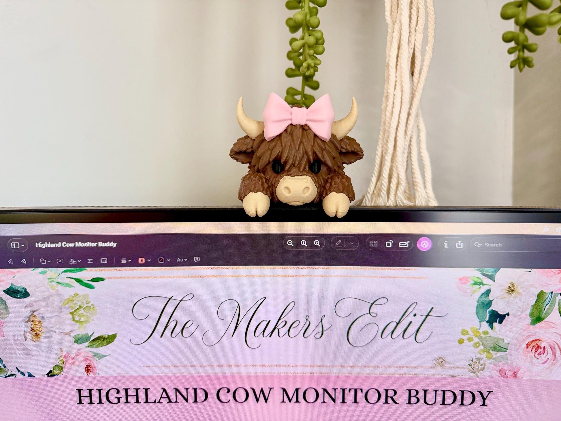 Monitor Buddy 3D Printer File | Highland Cow Coquette Bow STL 3MF | Commercial Use