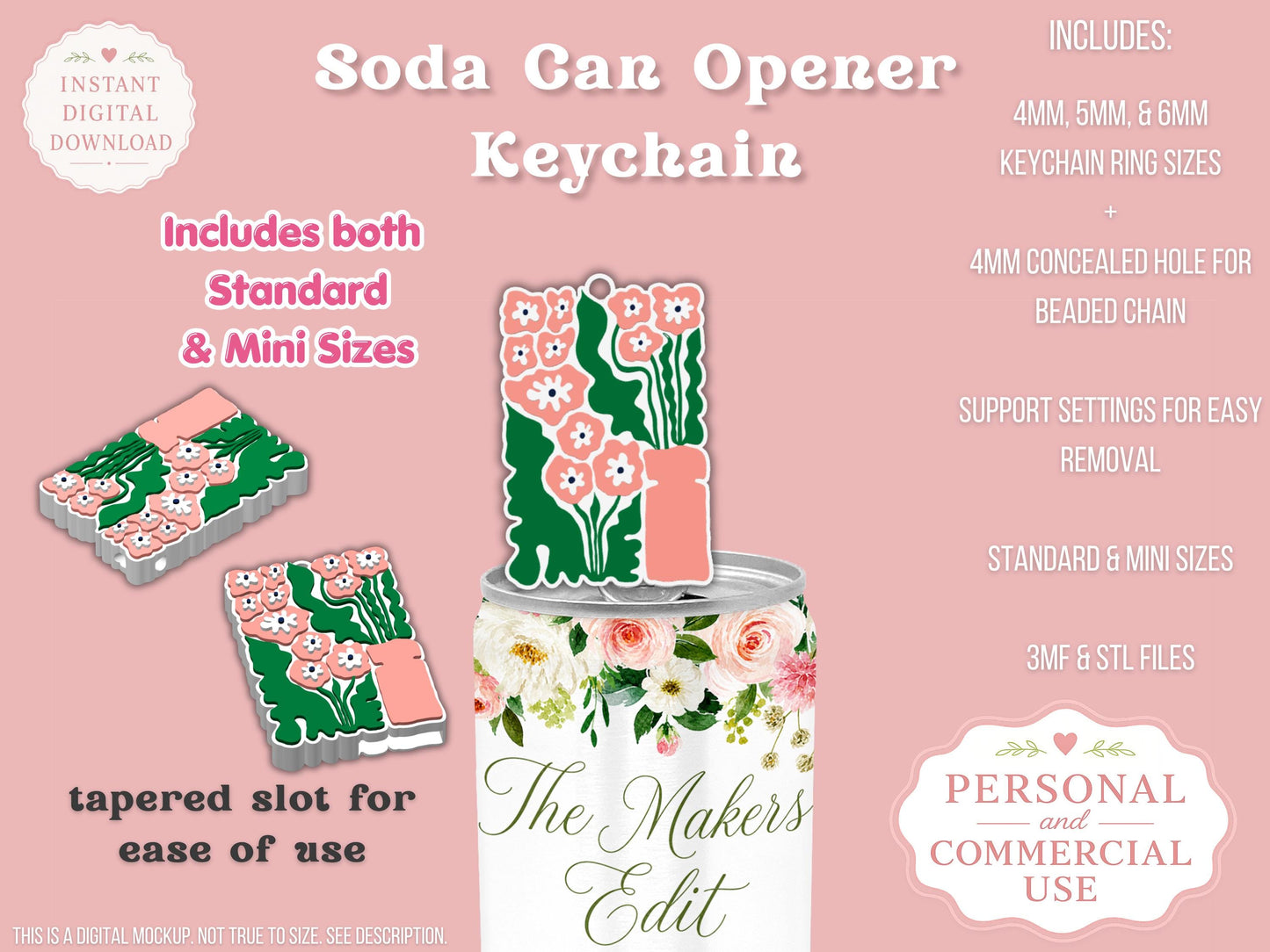 Soda Can Tab Opener Keychain 3D Printer File | Abstract Flowers STL 3MF | Commercial Use | Nail Saver Keychain