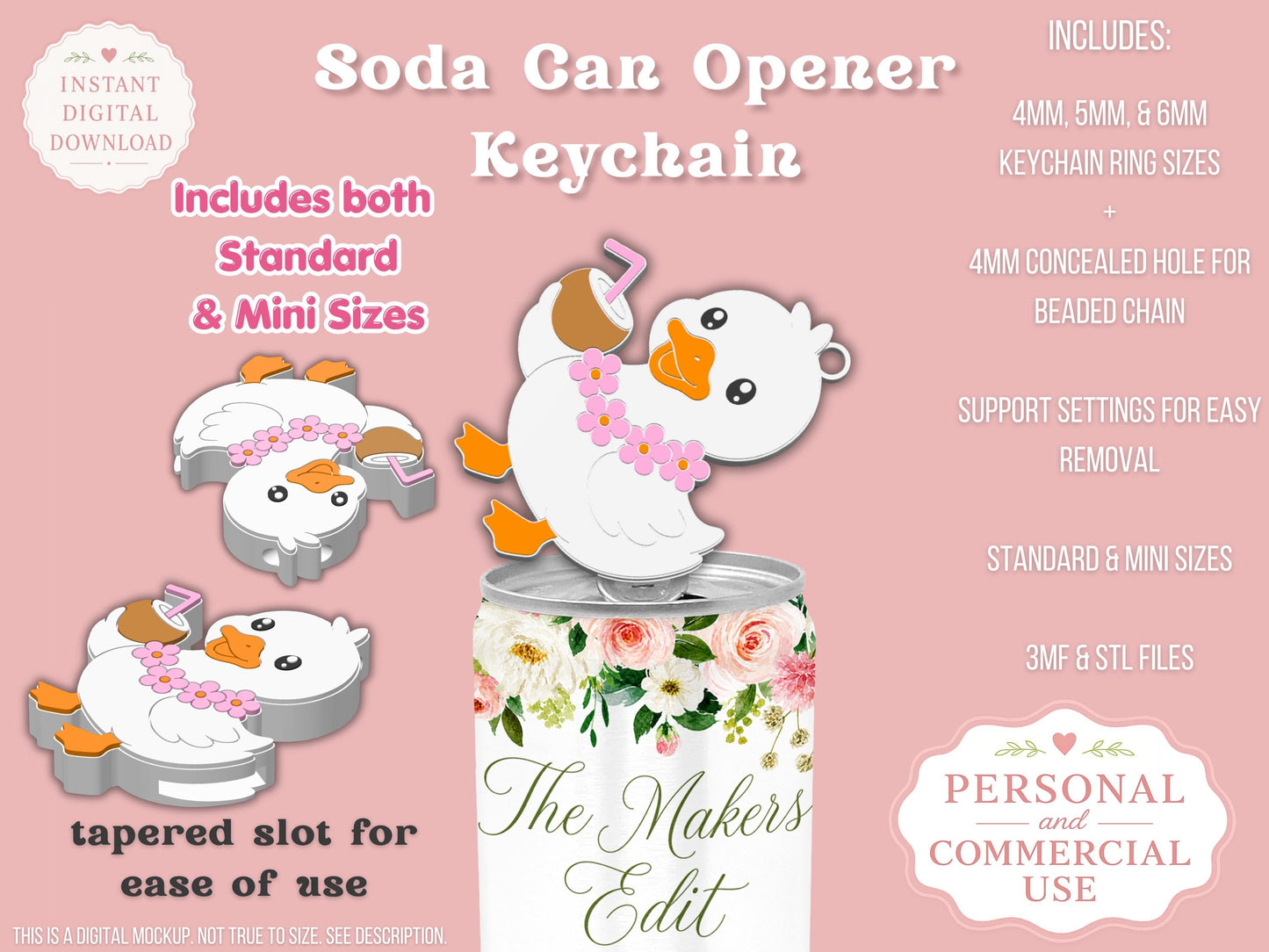Soda Can Tab Opener Keychain 3D Printer File | Tropical Duck STL 3MF | Commercial Use | Nail Saver Keychain
