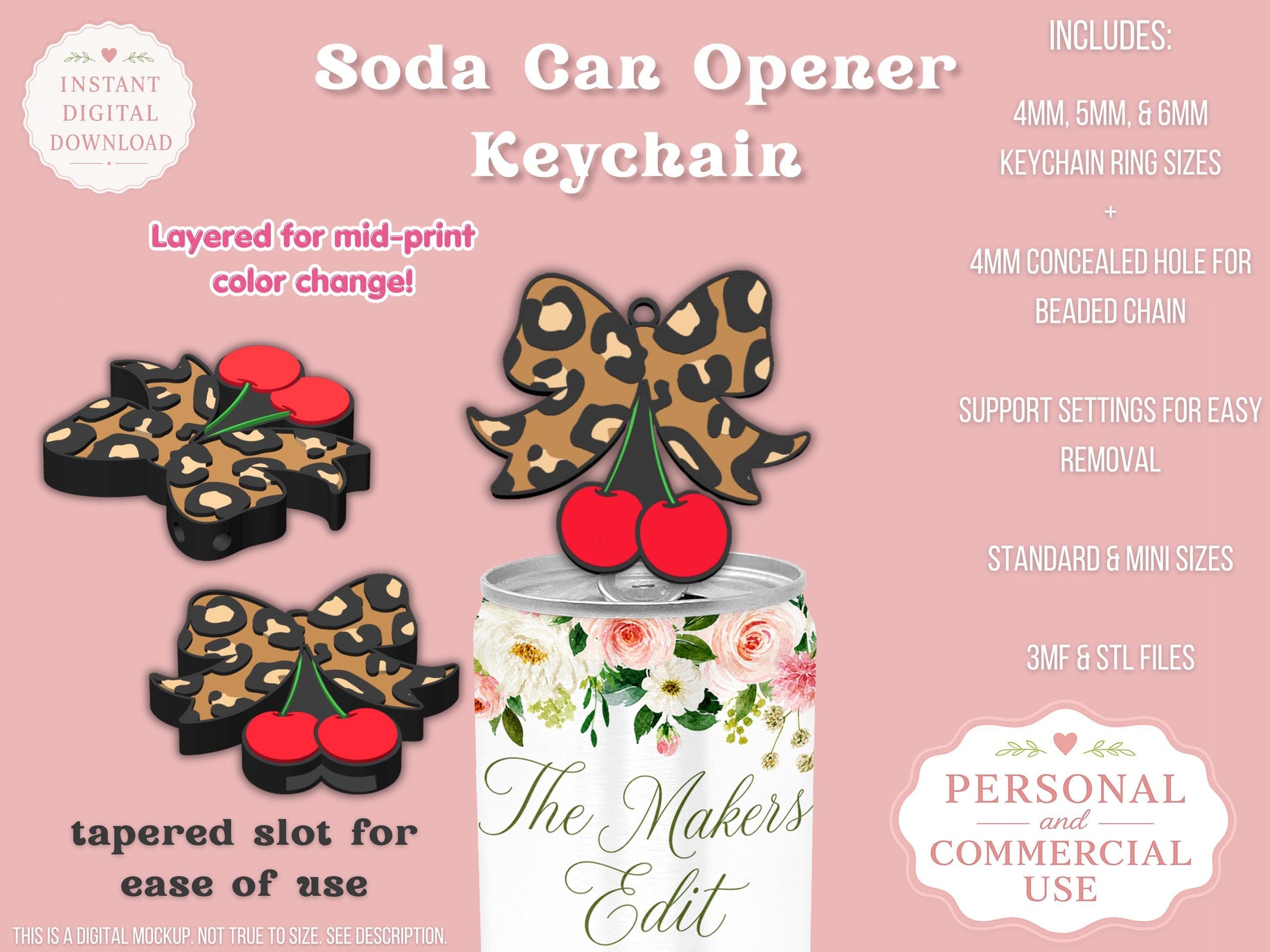 Soda Can Tab Opener Keychain 3D Printer File | Leopard Print Coquette Bow Cherries STL 3MF | Commercial Use | Nail Saver Keychain