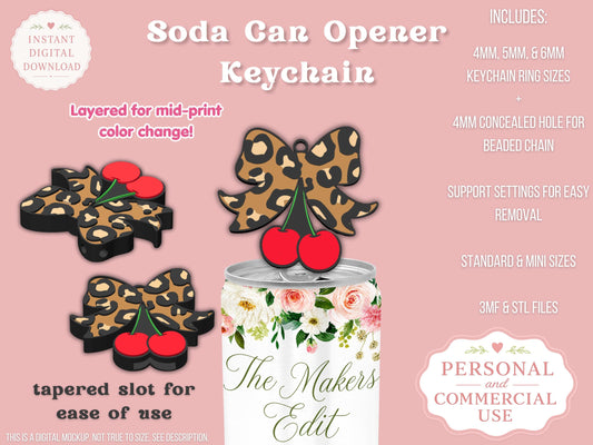 Soda Can Tab Opener Keychain 3D Printer File | Leopard Print Coquette Bow Cherries STL 3MF | Commercial Use | Nail Saver Keychain
