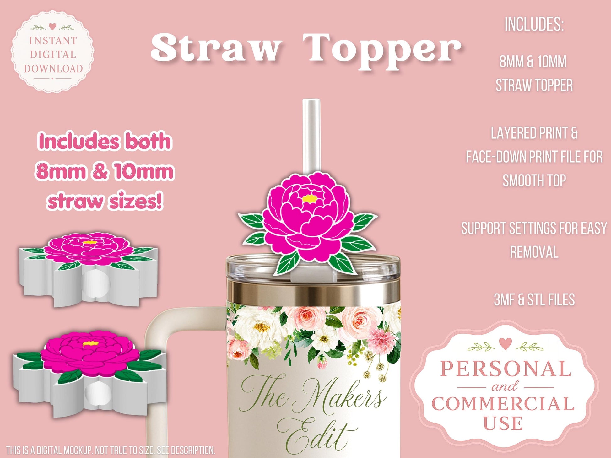 Straw Topper 3D Printer File | Peony STL 3MF | Fits 10mm & 8mm Straws | Commercial Use | Tumbler Accessories