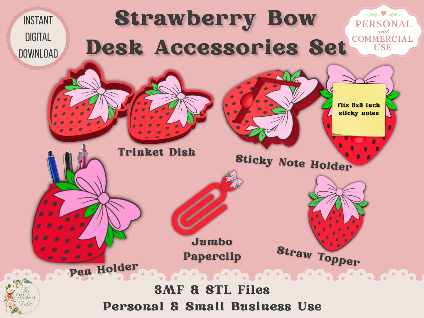 Strawberry Coquette Bow Desk Accessories Bundle 3D Printer File | STL 3MF | Commercial Use | Multi-Color 3MF | STL File