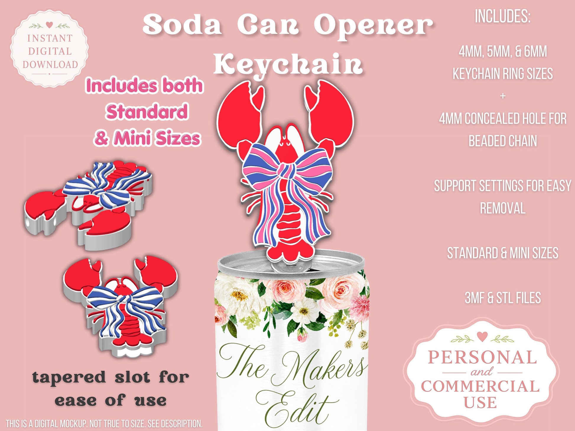 Soda Can Tab Opener Keychain 3D Printer File | Lobster Striped Coquette Bow STL 3MF | Commercial Use | Nail Saver Keychain