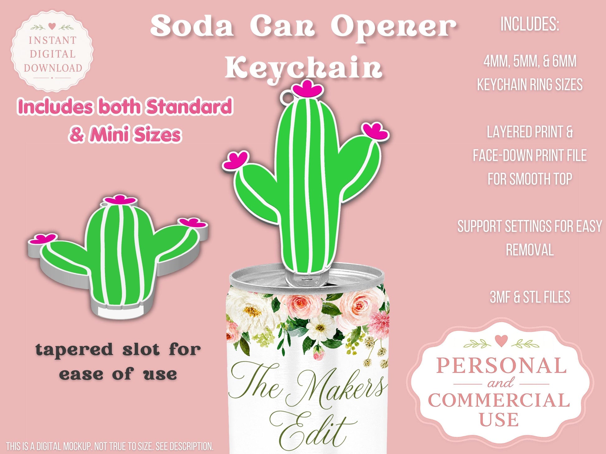 Soda Can Tab Opener Keychain 3D Printer File | Cactus | STL 3MF | Commercial Use | Nail Saver Keychain