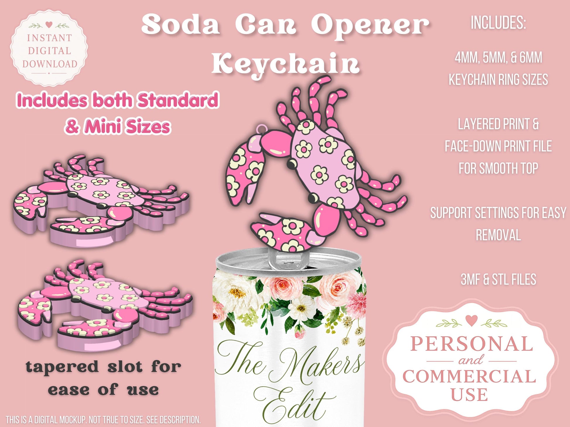 Soda Can Tab Opener Keychain 3D Printer File | Groovy Crab | STL 3MF | Commercial Use | Nail Saver Keychain
