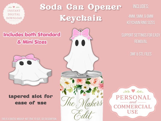 Soda Can Tab Opener Keychain 3D Printer file | Ghost with Bow | STL 3MF | Commercial Use | Nail Saver Keychain