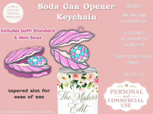 Soda Can Tab Opener Keychain 3D Printer File | Disco Clam | STL 3MF | Commercial Use | Nail Saver Keychain