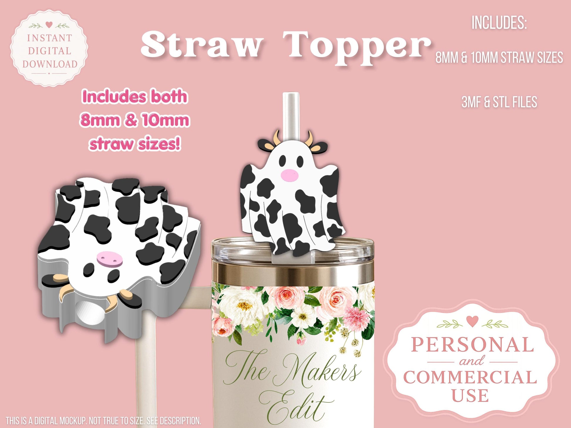 Straw Topper 3D Printer File | Ghost Cow 3MF STL | Fits 10mm & 8mm Straws | Commercial Use | Tumbler Accessories